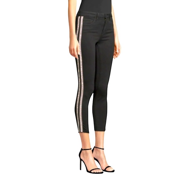 L’AGENCE MARGOT RHINESTONE STRIPED HIGH RISE CROPPED RAW HEM SKINNY JEANS SZ 27 - Picture 5 of 10